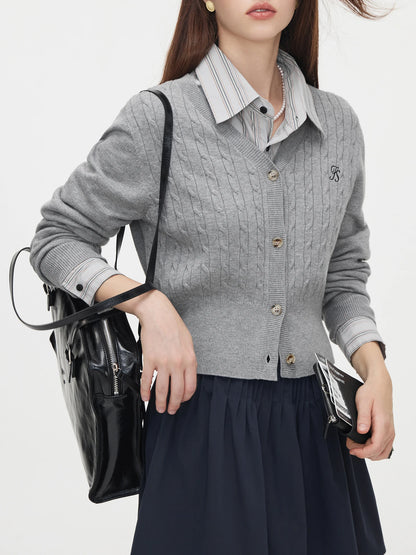 Grey V-neck Single Breasted Office Lady Short Knitted Cardigan