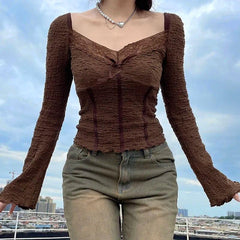 Fairycore Lace Detailed Shirred Top