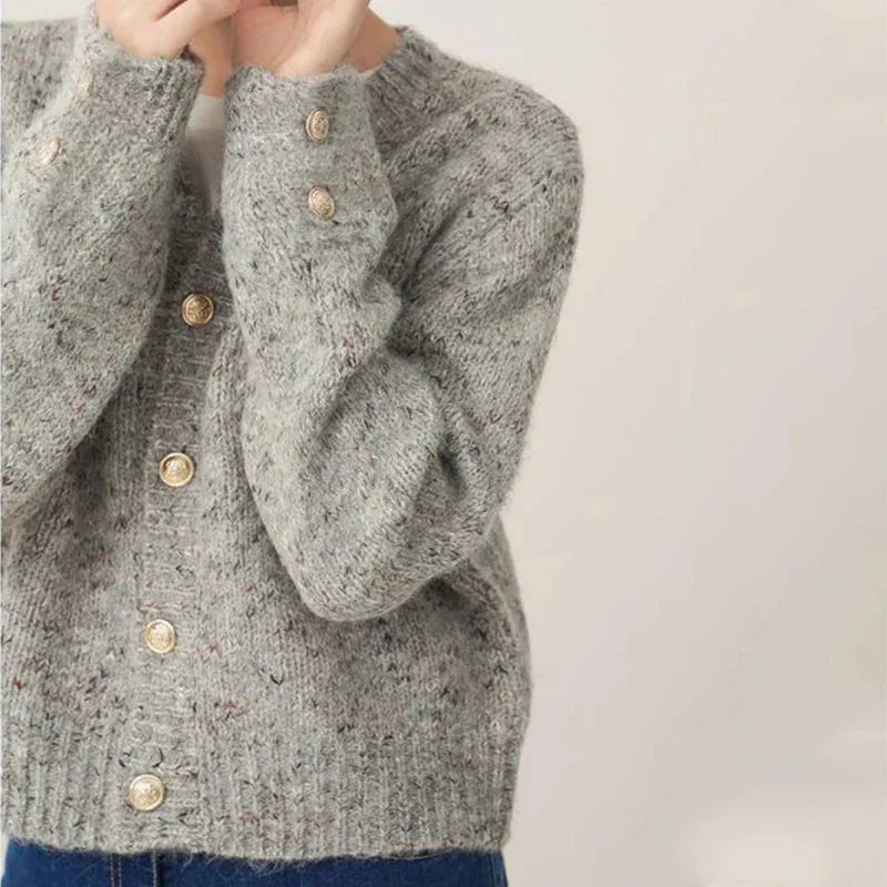 Gray Elegant O-neck Button Cardigan GRAY / One Size