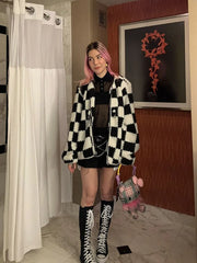 Black White Plaid Cotton Coat Plaid / S