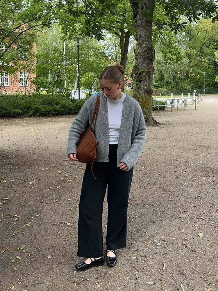 Classic Grey Round Neck Casual Snap Button Long Sleeve Cardigan