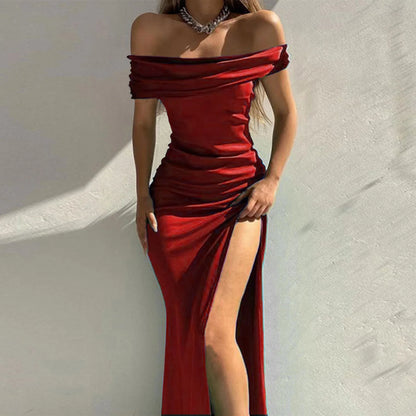 JuliaFashion - Fashion Elegant High Split Party Women Short Sleeve Slash Neck Sexy Off Shoulder Solid Formal Evening Dress