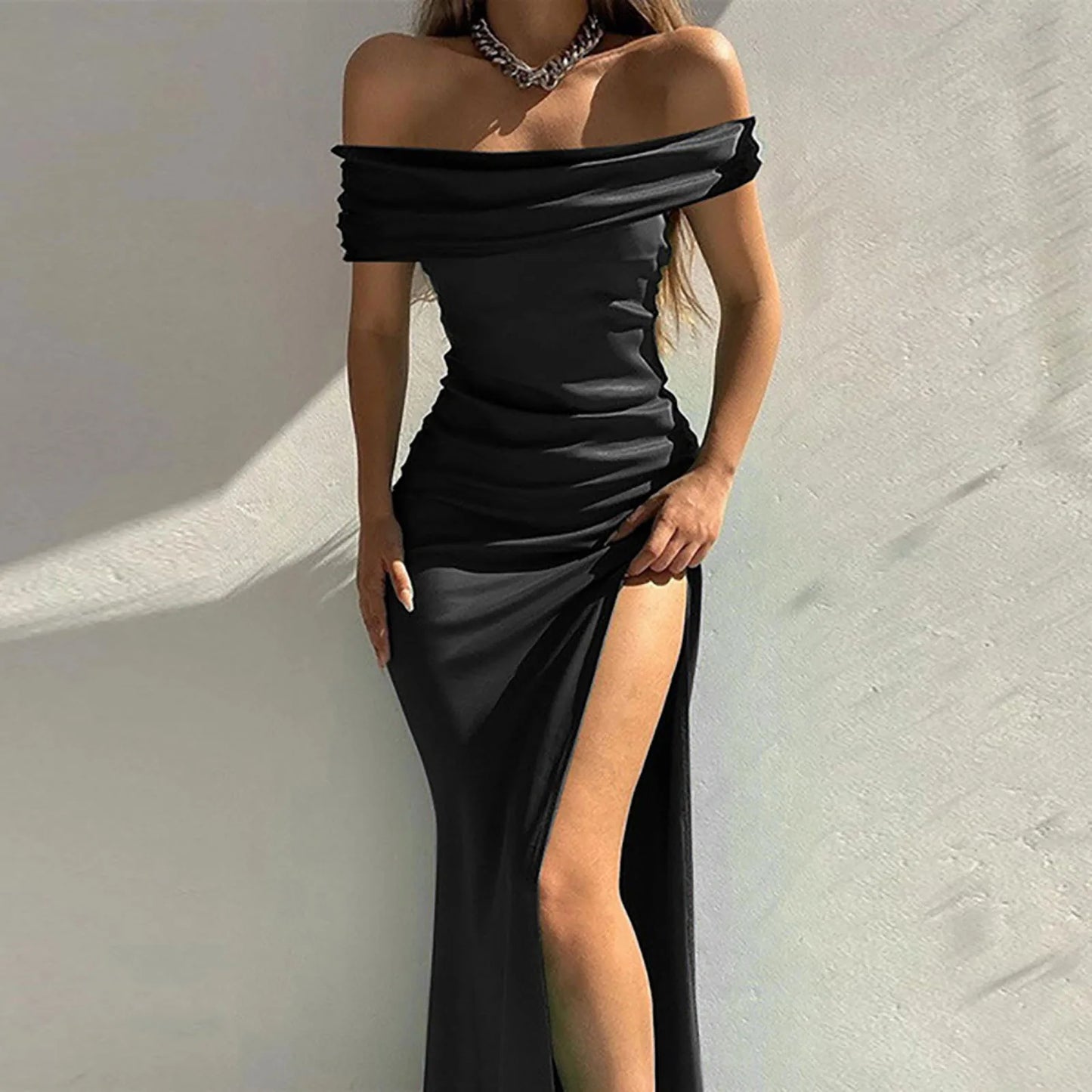 JuliaFashion - Fashion Elegant High Split Party Women Short Sleeve Slash Neck Sexy Off Shoulder Solid Formal Evening Dress