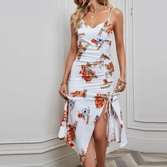 JuliaFashion - Fashion Floral Print Spaghetti Strap Bodycon Women V Neck Sleeveless Side Drawstring Midi Woman Summer Casual Dress