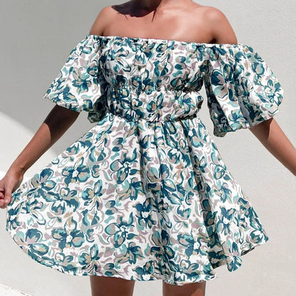 JuliaFashion - Fashion Off The Shoulder Ruffles Mini Women Printed Pleated Elasticated Puff Sleeve Short Women Summer Dress