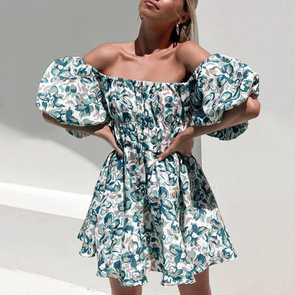 JuliaFashion - Fashion Off The Shoulder Ruffles Mini Women Printed Pleated Elasticated Puff Sleeve Short Women Summer Dress