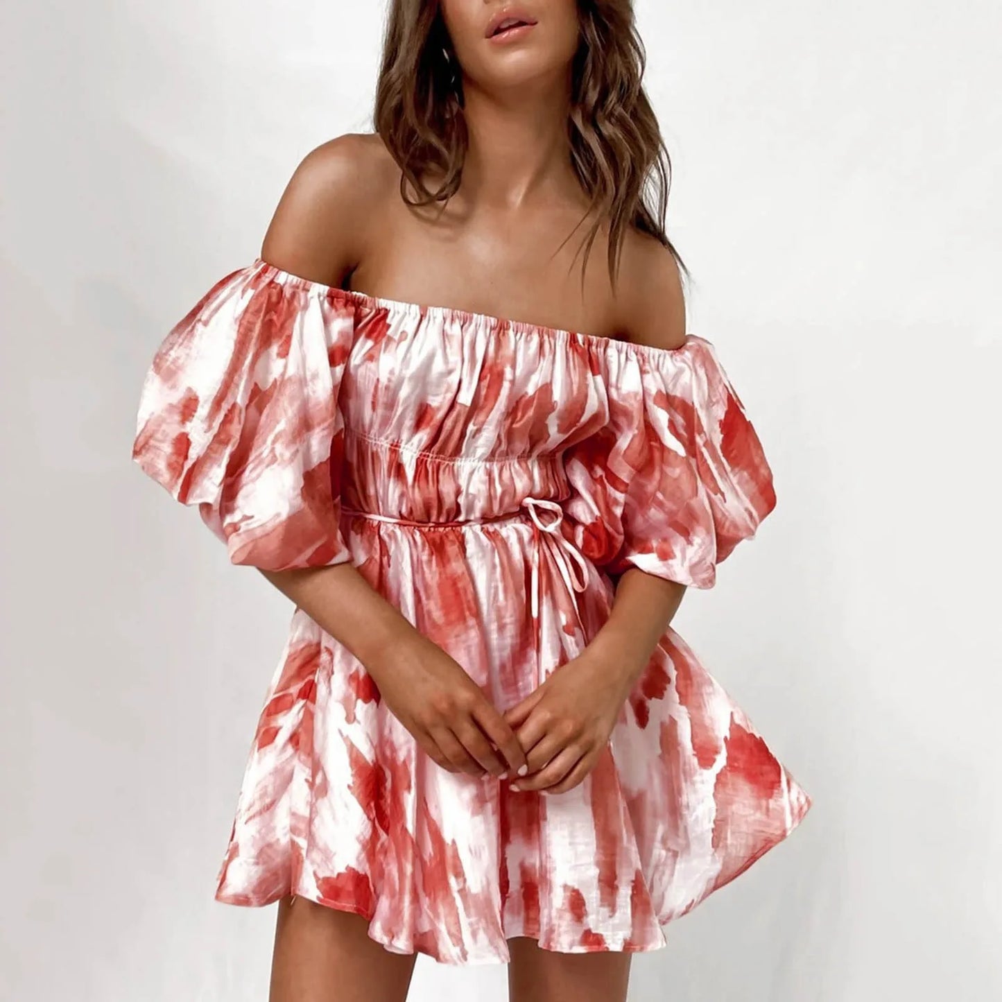 JuliaFashion - Fashion Off The Shoulder Ruffles Mini Women Printed Pleated Elasticated Puff Sleeve Short Women Summer Dress