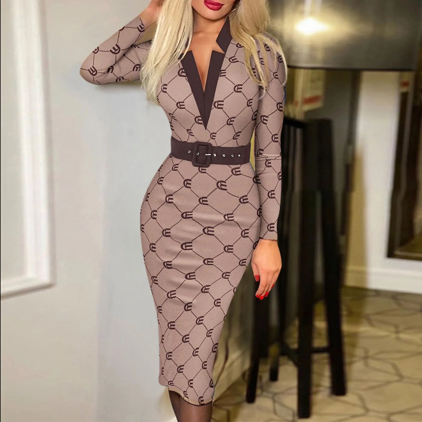 JuliaFashion - Fashion Polka Dot Print Pencil V-Neck Long Sleeve Bodycon Maxi Elegant Woman Office Work Dress