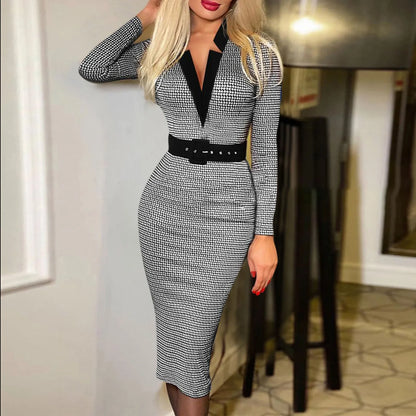 JuliaFashion - Fashion Polka Dot Print Pencil V-Neck Long Sleeve Bodycon Maxi Elegant Woman Office Work Dress