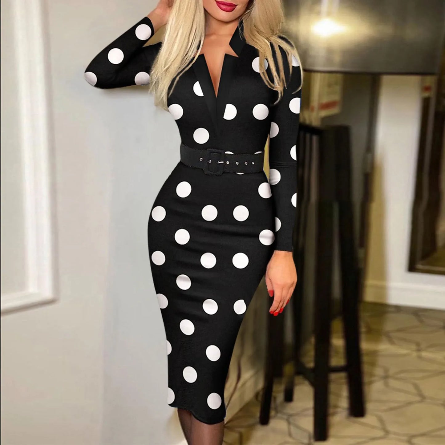 JuliaFashion - Fashion Polka Dot Print Pencil V-Neck Long Sleeve Bodycon Maxi Elegant Woman Office Work Dress