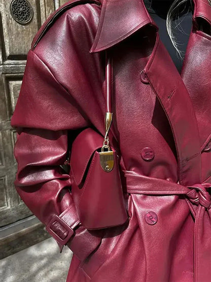 Retro Wine Red Double Breasted Coat Coats-241208