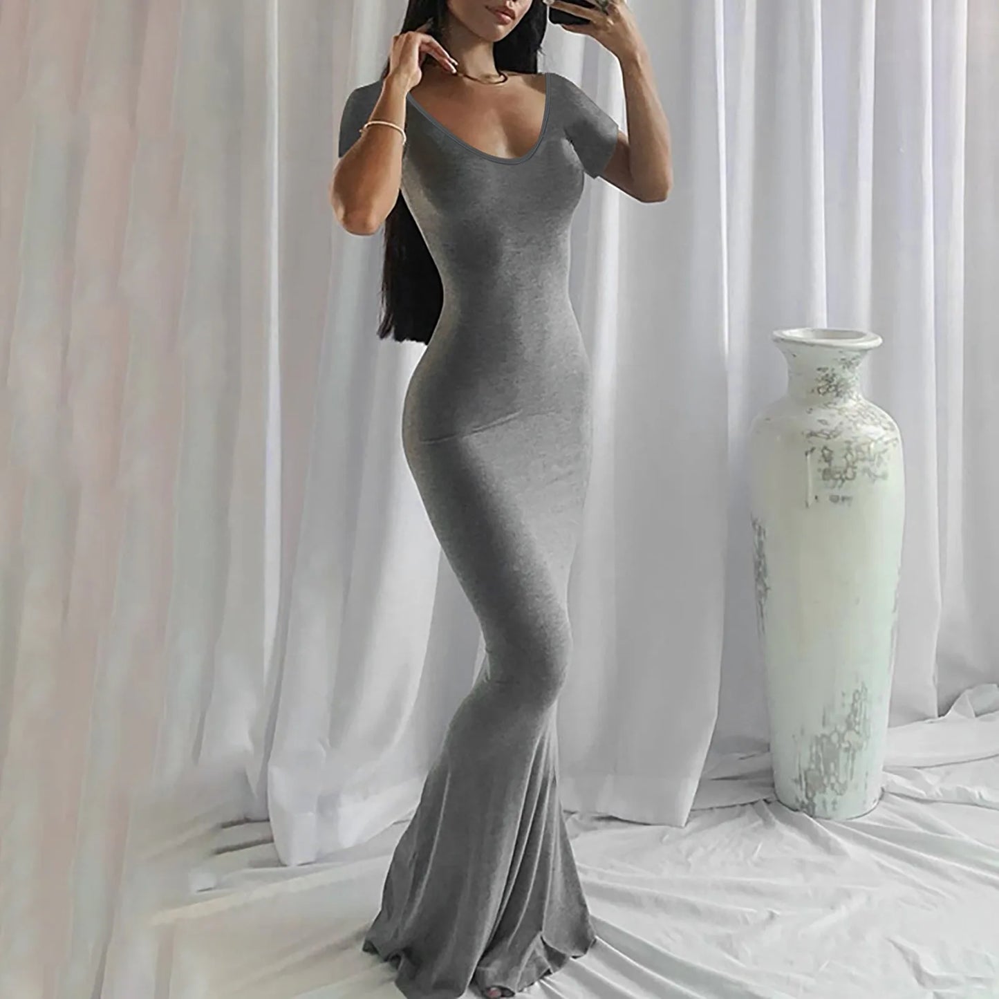 JuliaFashion - Fashion Sexy Skinny V-Neck Mermaid Tail Bodycon Maxi Women Party Elegant Backless Evening Long Female Robe Dress