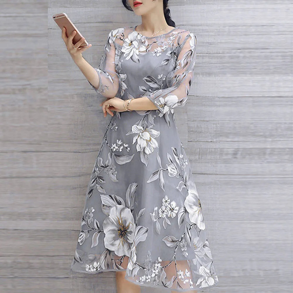 JuliaFashion - Fashion Women Summer O Neck 3/4 Mesh Sleeve Floral Print Large Swing Double Layer Midi Lady Elegant Party Dress