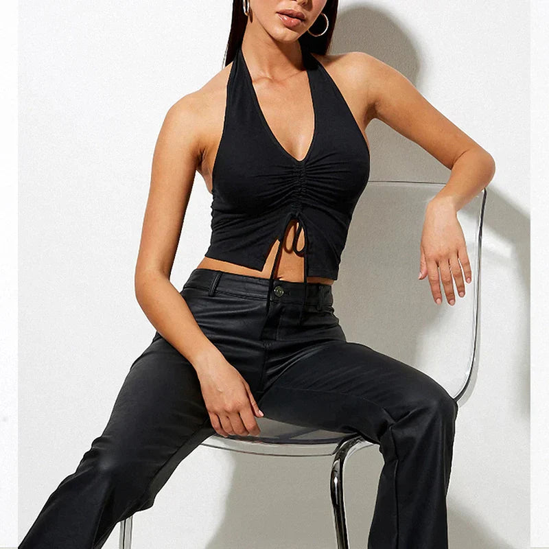Fashion Women Lace Up Halter Black Sleeveless Drawstring Slim Fit Crop Club Summer Camis Streetwear