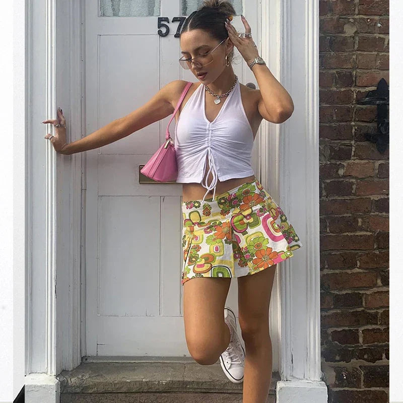 Fashion Women Lace Up Halter Black Sleeveless Drawstring Slim Fit Crop Club Summer Camis Streetwear