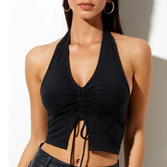 Fashion Women Lace Up Halter Black Sleeveless Drawstring Slim Fit Crop Club Summer Camis Streetwear