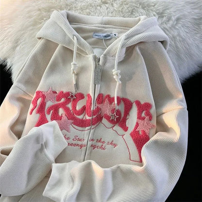 Letter Embroidery Elegant Long Sleeve Vintage Hip Hop Casual Hoody
