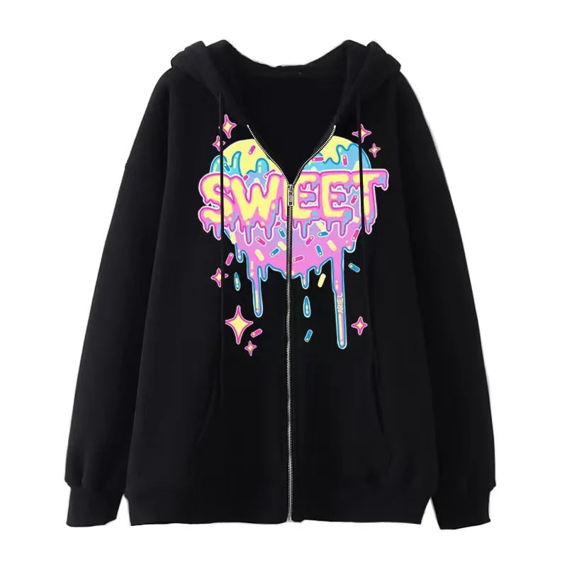 Fashion Retro Oversized Gothic Black Zip Up Hoodie