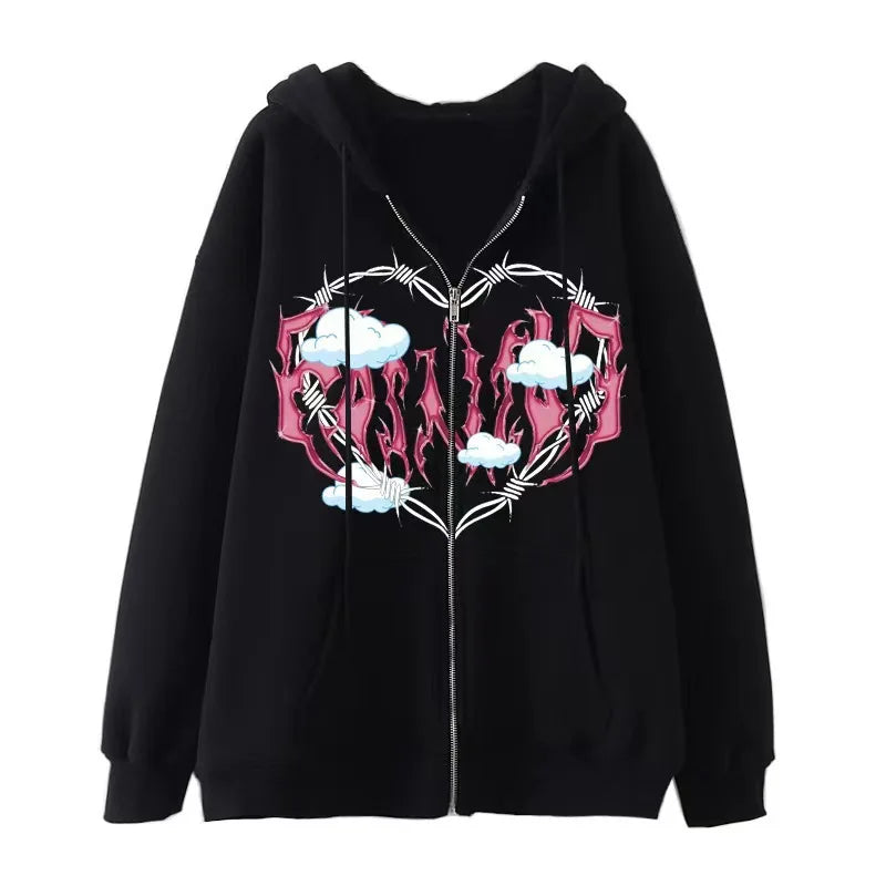 Fashion Retro Oversized Gothic Black Zip Up Hoodie