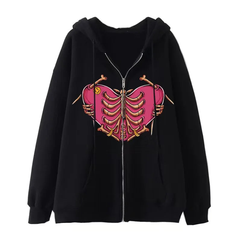 Fashion Retro Oversized Gothic Black Zip Up Hoodie