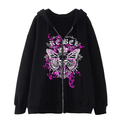 Fashion Retro Oversized Gothic Black Zip Up Hoodie