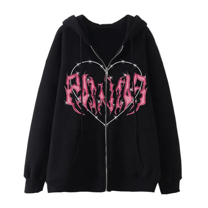 Fashion Retro Oversized Gothic Black Zip Up Hoodie