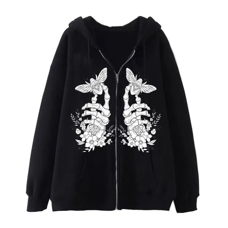 Fashion Retro Oversized Gothic Black Zip Up Hoodie