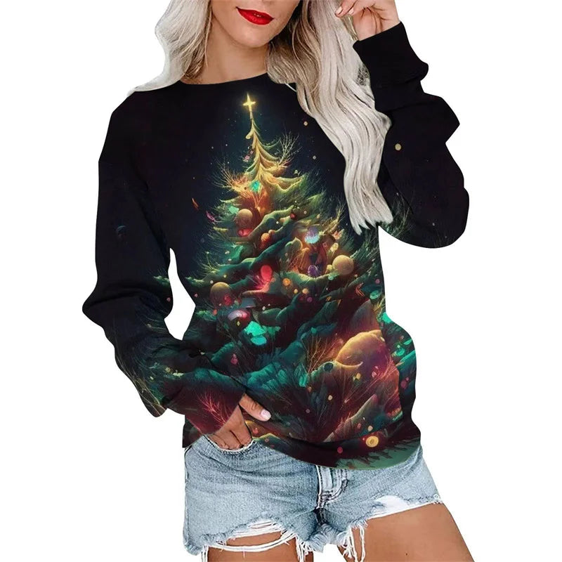 Elegant Casual Loose Round Neck Outdoor Autumn Winter Christmas Tree Hoodie Black 1 / Xxs Hoodies-L