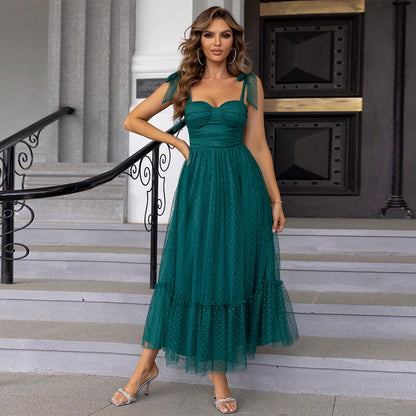 Fashionable Evening Dress Lace up Shoulder Pleated Hem Mesh Dress