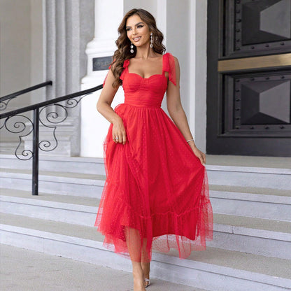 Fashionable Evening Dress Lace up Shoulder Pleated Hem Mesh Dress