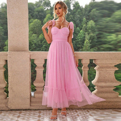 Fashionable Evening Dress Lace up Shoulder Pleated Hem Mesh Dress