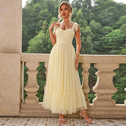 Fashionable Evening Dress Lace up Shoulder Pleated Hem Mesh Dress