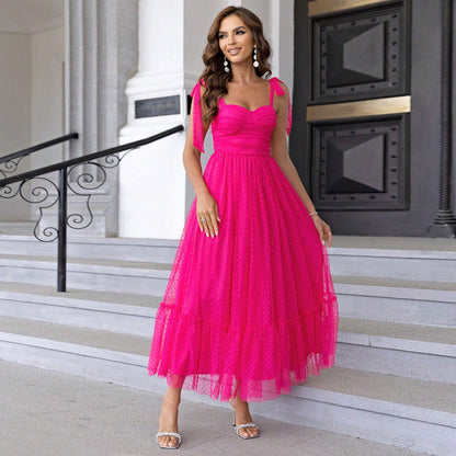 Fashionable Evening Dress Lace up Shoulder Pleated Hem Mesh Dress