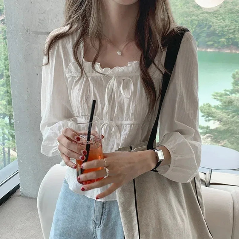Vintage Loose White Ruffled Long Sleeve Blouse blouse-250126