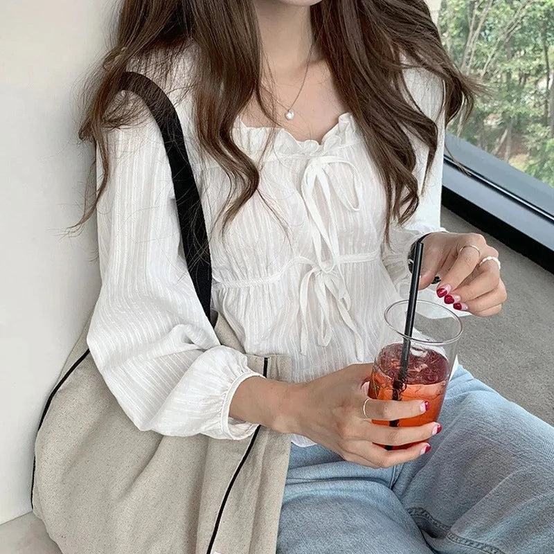 Vintage Loose White Ruffled Long Sleeve Blouse blouse-250126