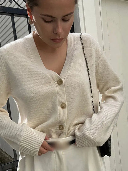 Solid V Neck Casual Long Sleeve Commuting Buttons Elegant Cardigan