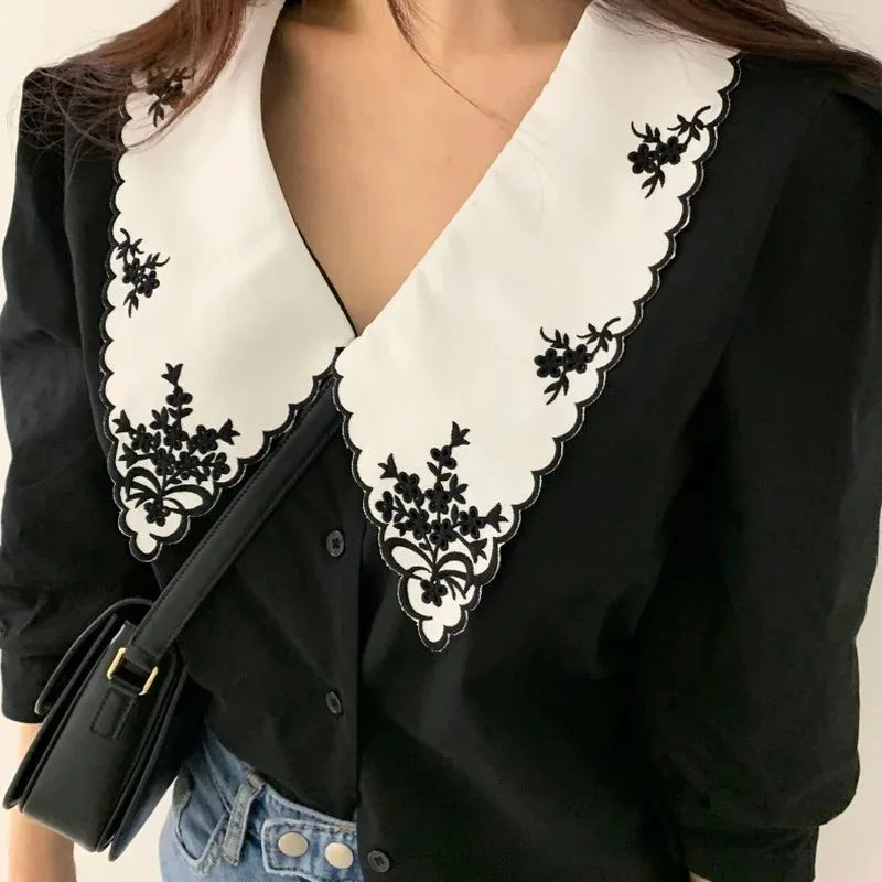 Floral Embroidery Half Sleeve White Vintage Blouse blouse-250126