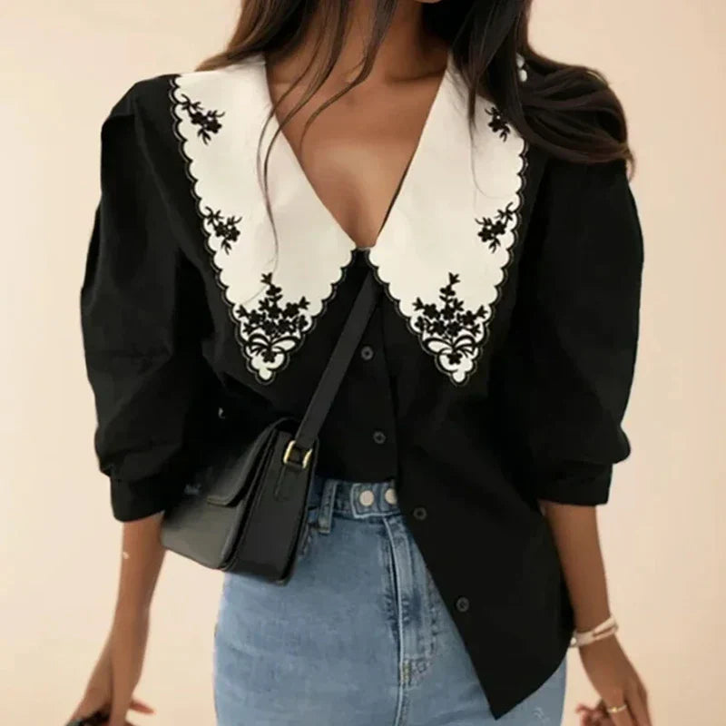 Floral Embroidery Half Sleeve White Vintage Blouse blouse-250126
