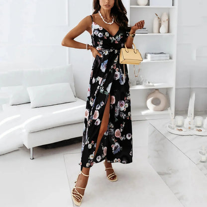 JuliaFashion - Floral Print V-Neck Women Maxi Spaghetti Strap Backless Summer Holiday Female High Slit Lace Up Long Beach Dress