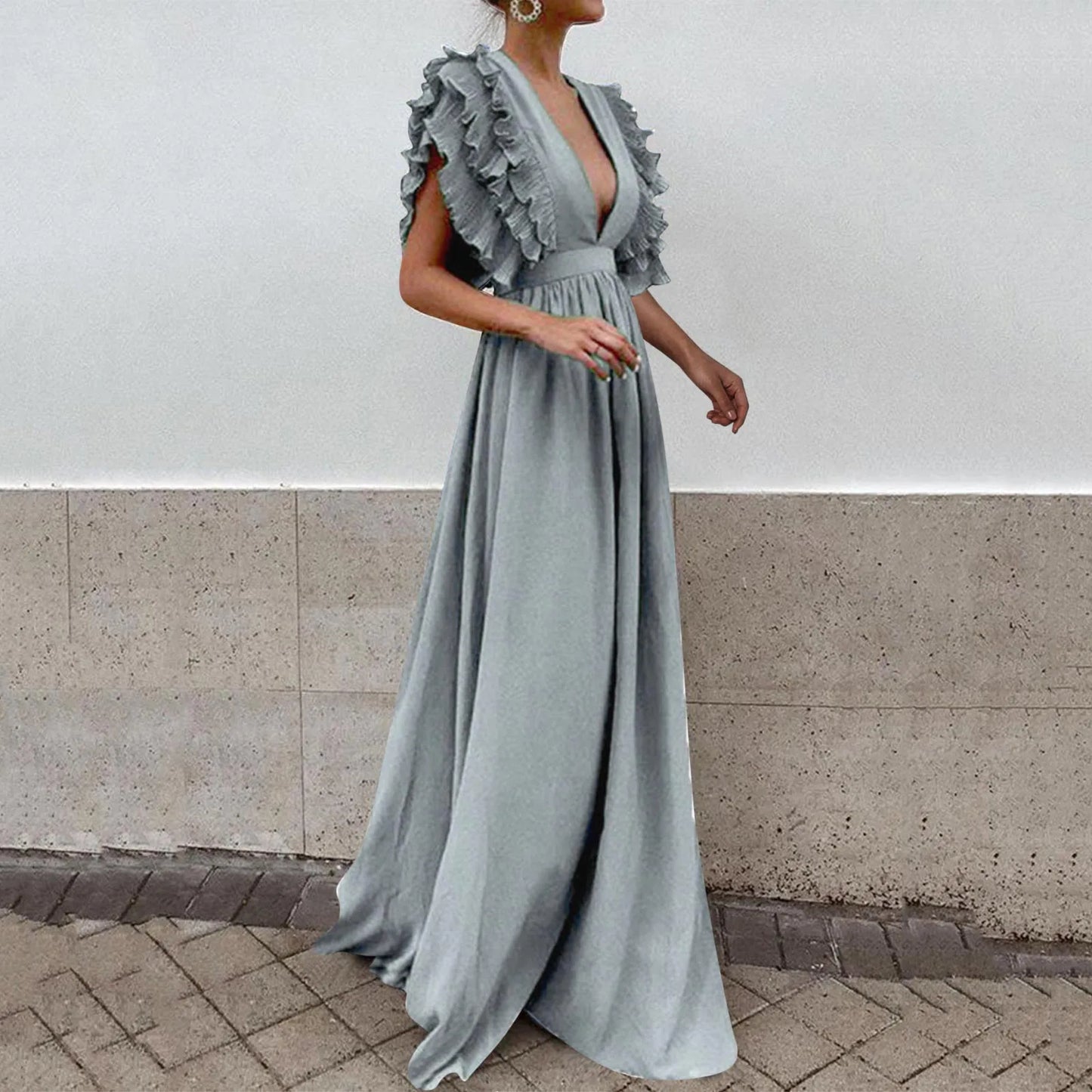 JuliaFashion - Formal Party Women Sexy Deep V-Neck Long Solid Color Elegant Flying Sleeves Backless Maxi Evening Robe Dress