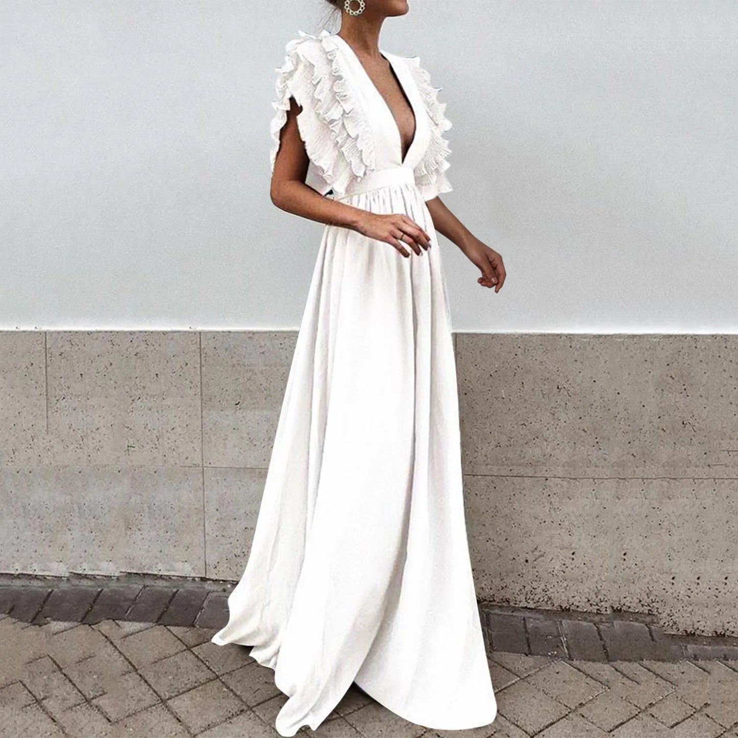 JuliaFashion - Formal Party Women Sexy Deep V-Neck Long Solid Color Elegant Flying Sleeves Backless Maxi Evening Robe Dress