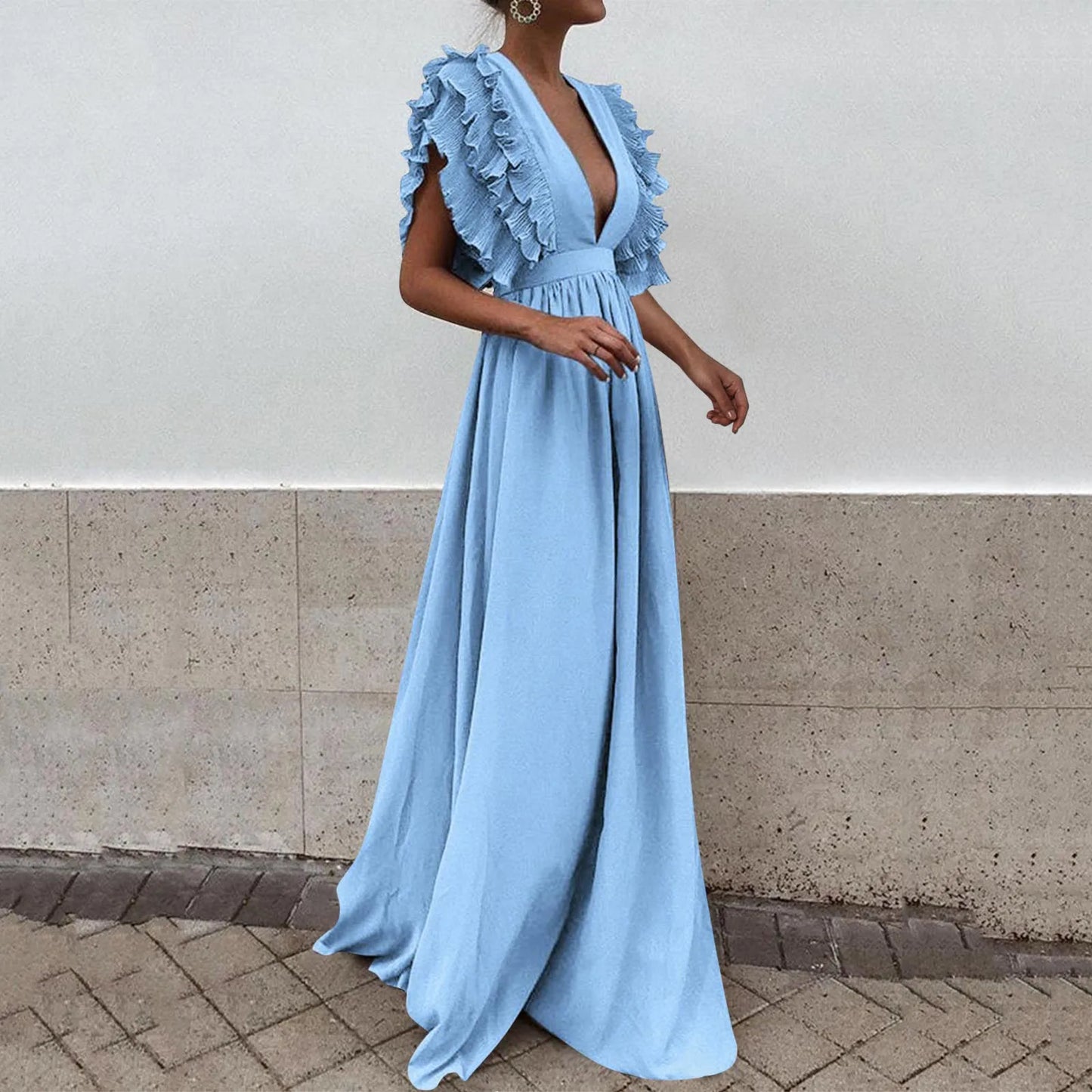 JuliaFashion - Formal Party Women Sexy Deep V-Neck Long Solid Color Elegant Flying Sleeves Backless Maxi Evening Robe Dress
