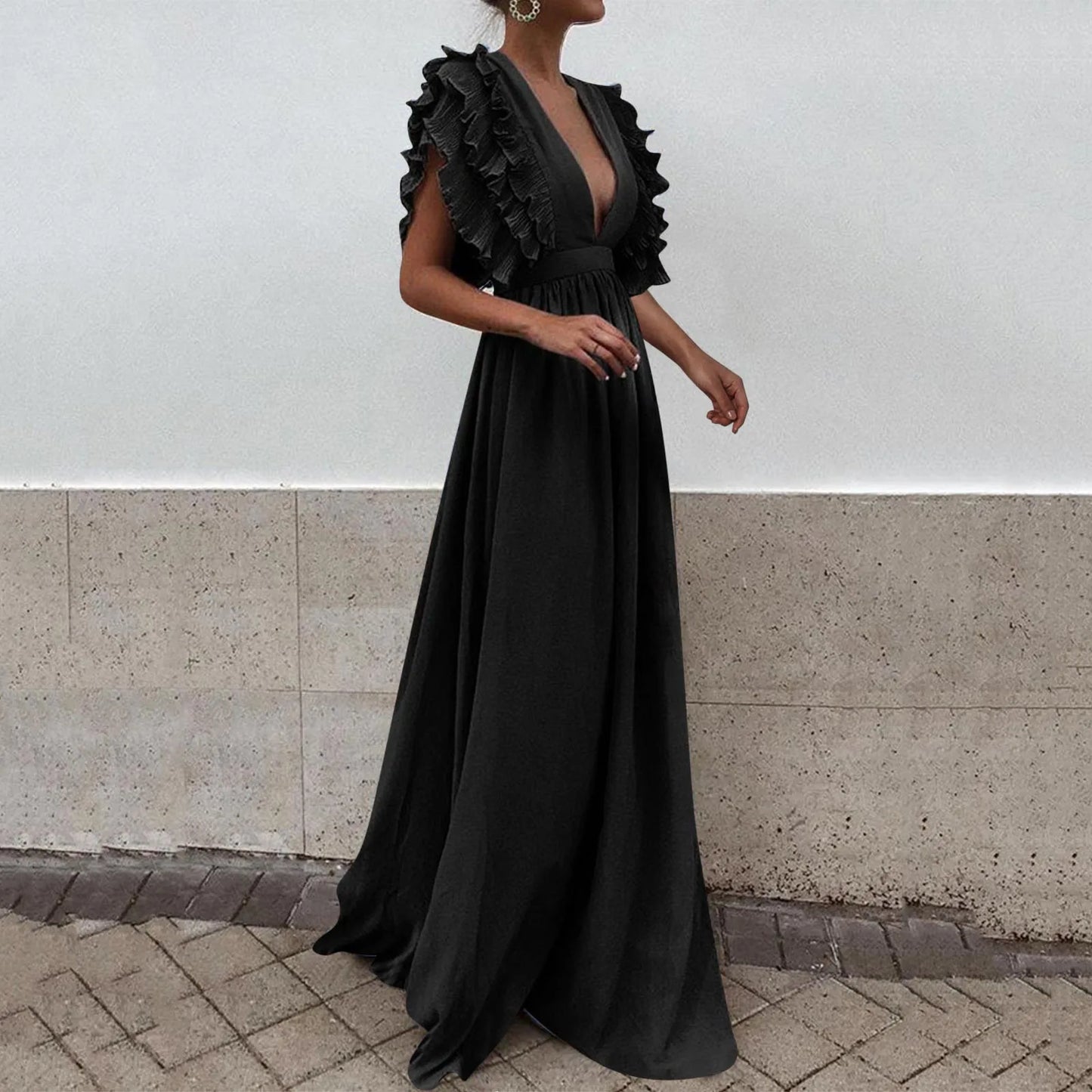 JuliaFashion - Formal Party Women Sexy Deep V-Neck Long Solid Color Elegant Flying Sleeves Backless Maxi Evening Robe Dress