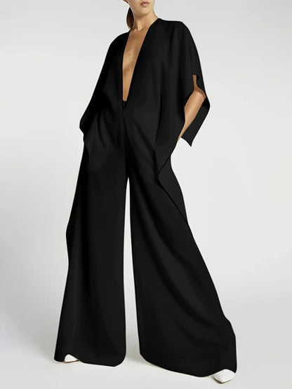 JuliaFashion - Stylish Elegant Solid Color Deep V-Neck Jumpsuits