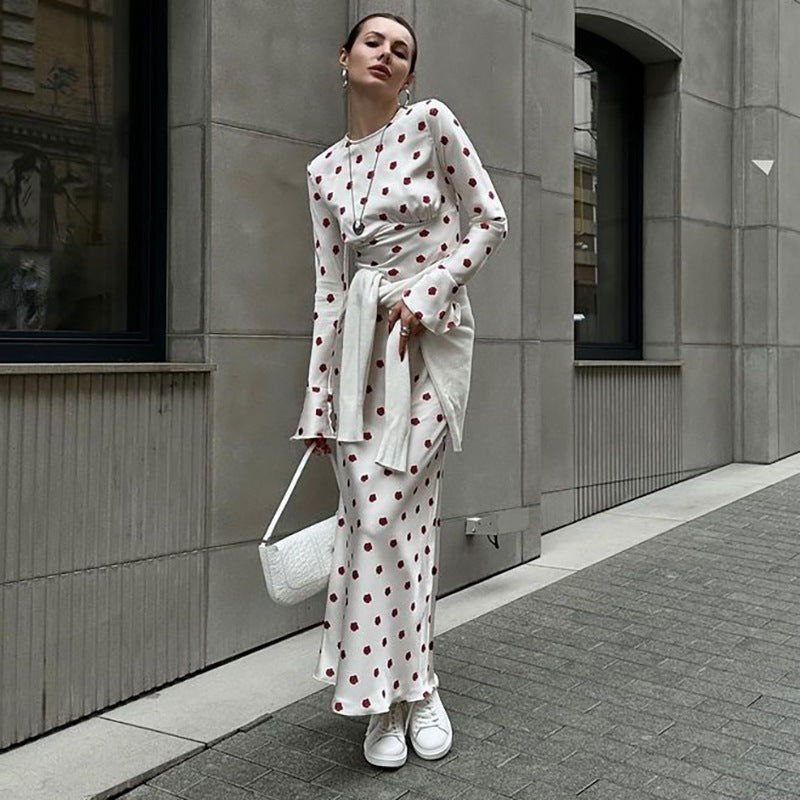 French Printed Bell Sleeve  Casual Maxi Dress