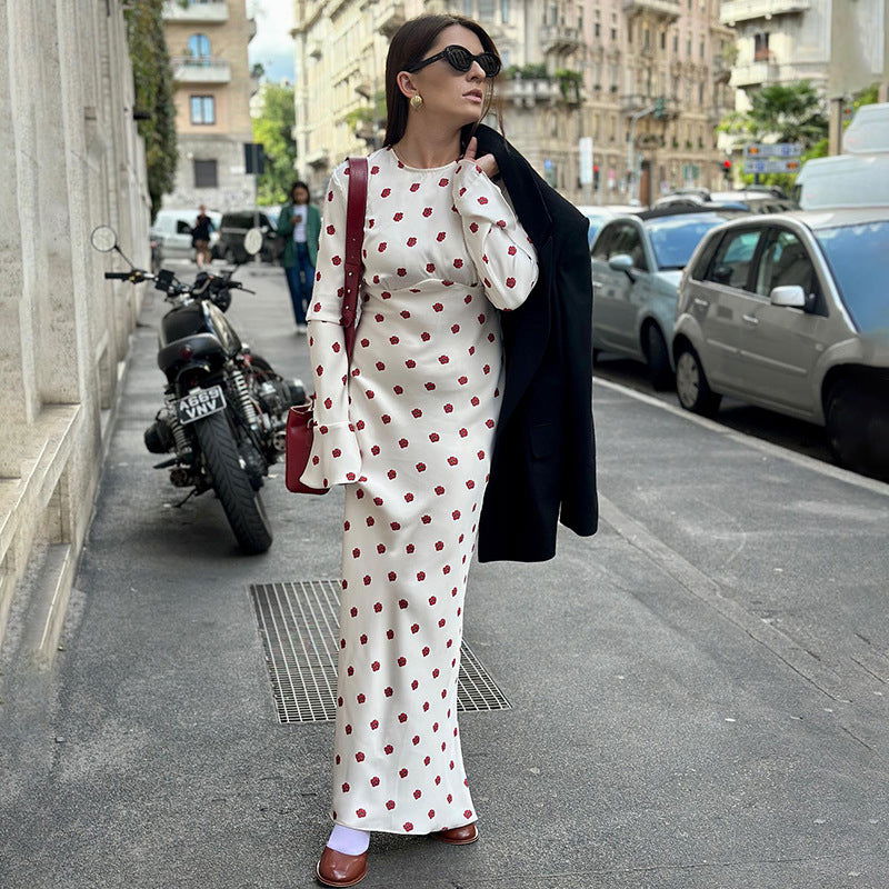French Printed Bell Sleeve  Casual Maxi Dress