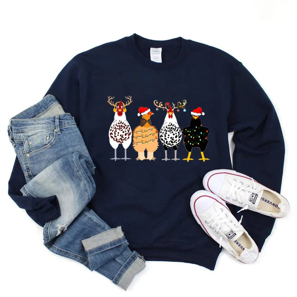 Cute Funny Chickens Animal Farmer Country Christmas Hoodie Navy Blue / S Hoodies-L