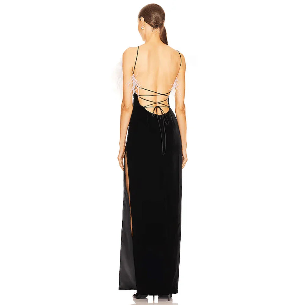 Feather Split Maxi Party Dress Partydress-241208