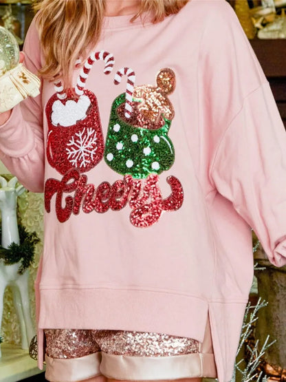 Charming Glitter Patchwork Vintage Harajuku Long Sleeve Christmas Hoodie Hoodies-L