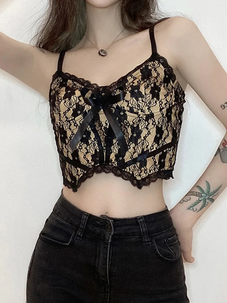 Aesthetic Crop Layer Double Girl Dark Sexy Lace Neck V Academia E Top